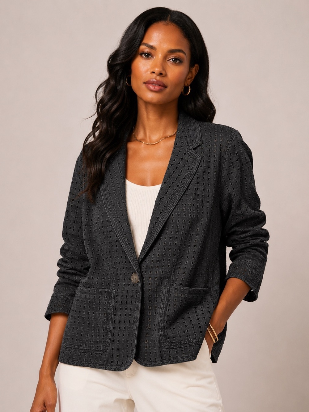 Ann Taylor Sz. 16 Black Eyelet Cotton Blazer Jacket – Classic Lightweight Lined